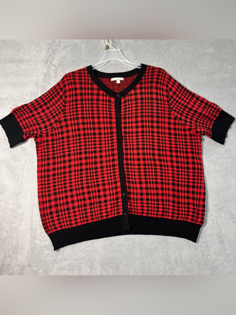 Woman Within Buffalo Plaid Cardigan Red Black Short Sleeve Button Top 26/28 2X
